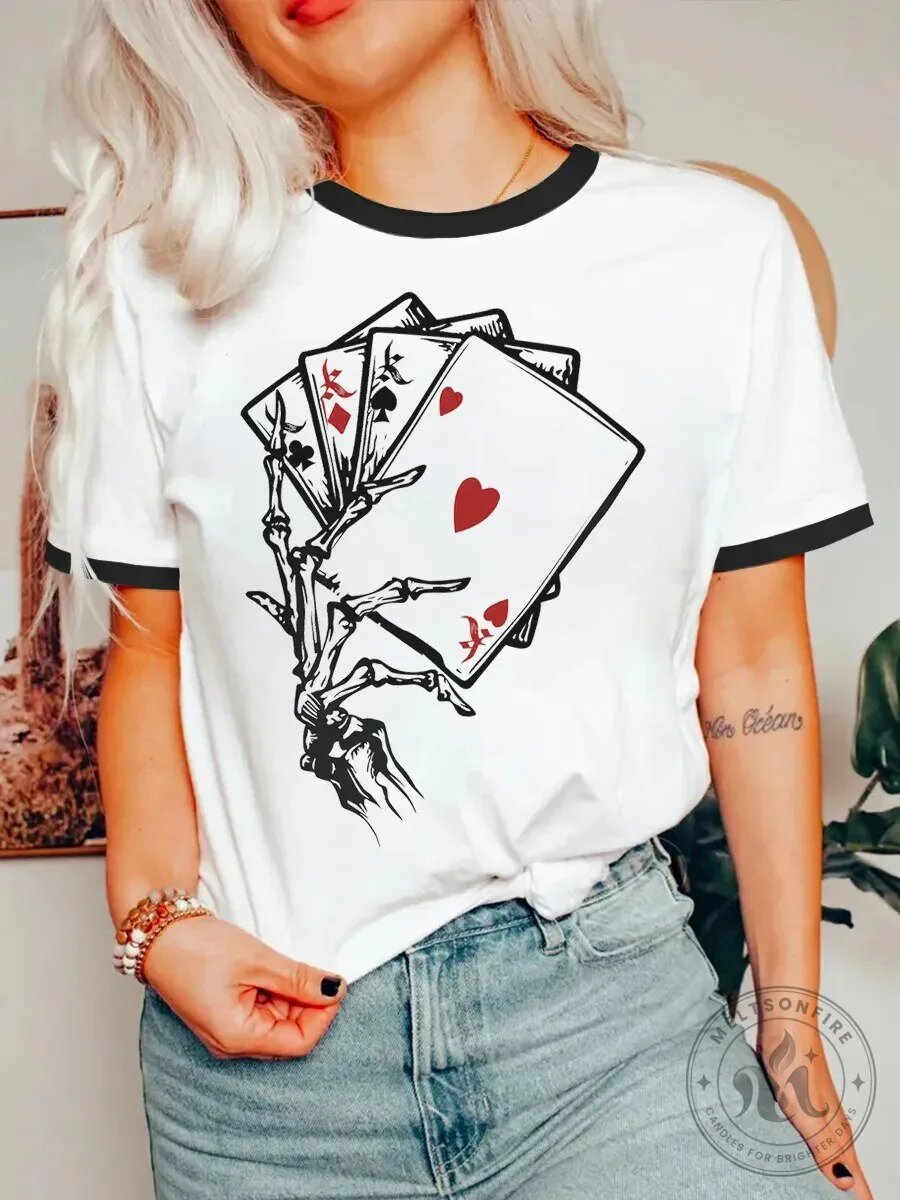 Vintage Skeleton Hand Playing Card Graphic Ringer T-Shirt