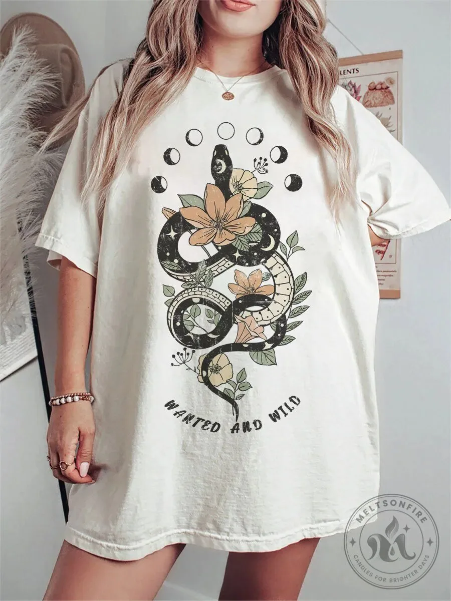 Vintage Wanted and Wild Floral Snake Moon Phases Graphic T-Shirt