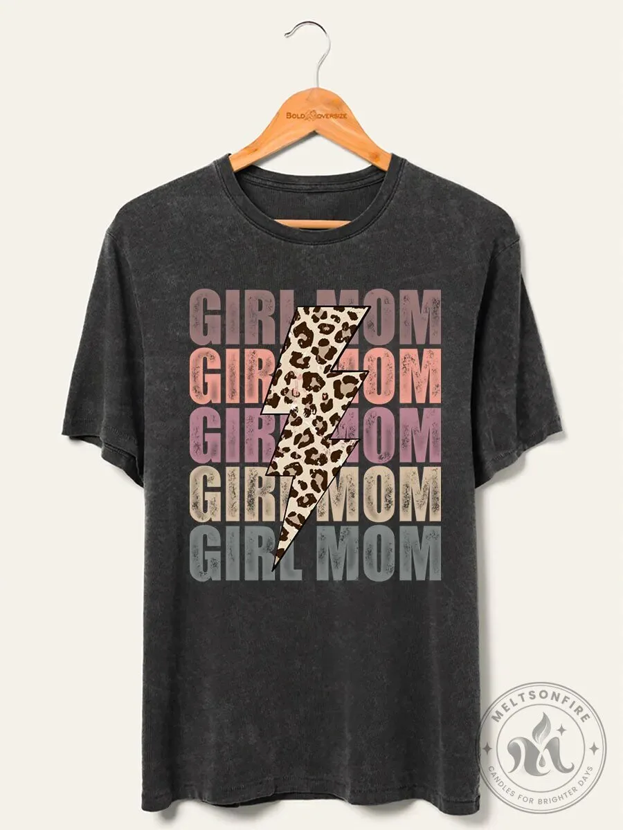 Vintage Girl Mom Leopard Print Lightning Bolt Graphic Washed T-Shirt