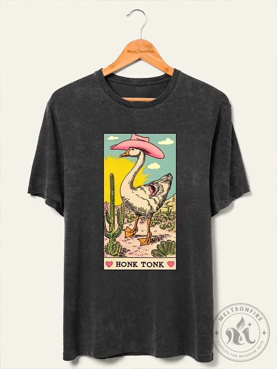 Vintage Honk Tonk Goose Wearing Pink Cowboy Hat Desert Scene Washed T-Shirt