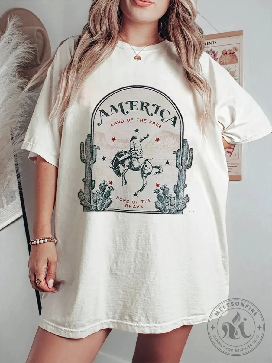 America Land of the Free Home of the Brave Vintage Western Cowboy T-Shirt