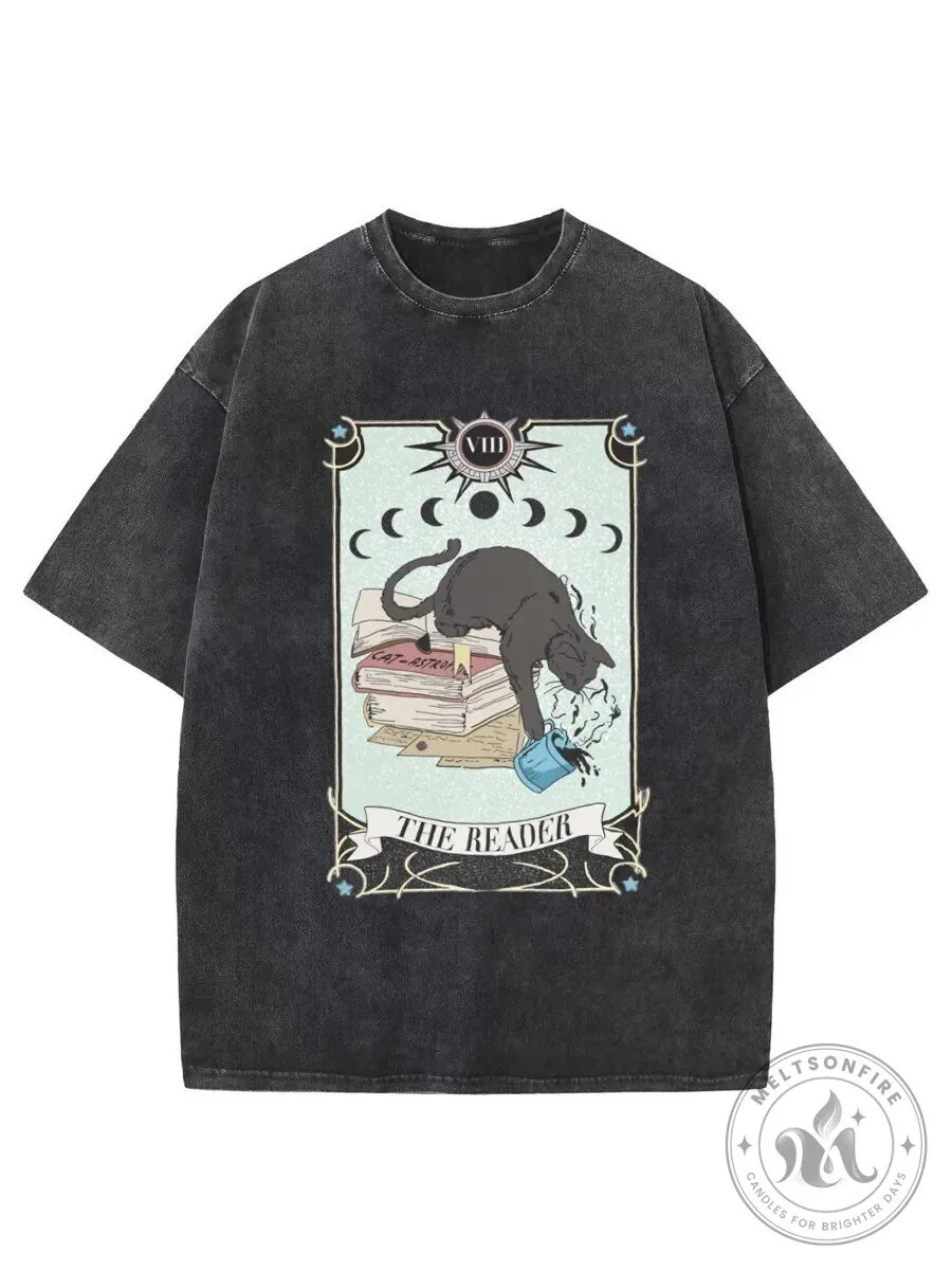 Vintage Cat Tarot Card The Reader Graphic Washed Black Cotton T-Shirt