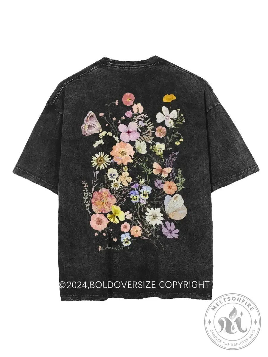 Vintage Butterfly Mountain Meadow Pressed Flower Washed Black T-Shirt