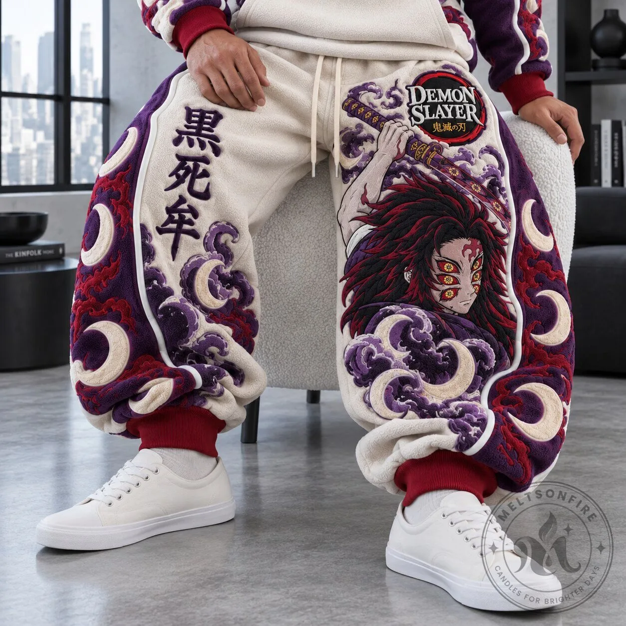 Demon Slayer Kokushibo Anime Embroidered Fleece Sweatpants