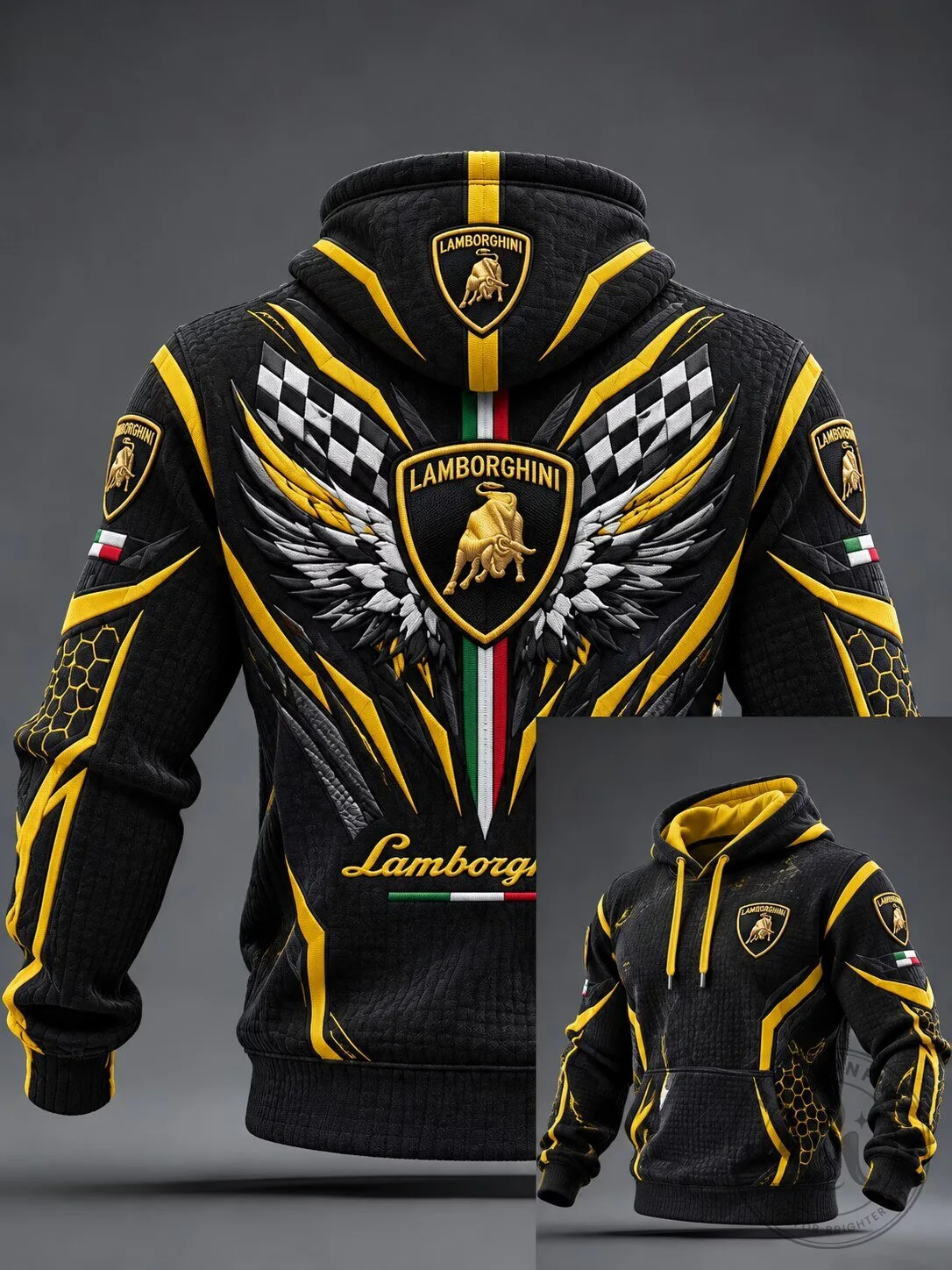 Lamborghini Black and Yellow Bull Graphic Wing Print Hooded Sweatshirt