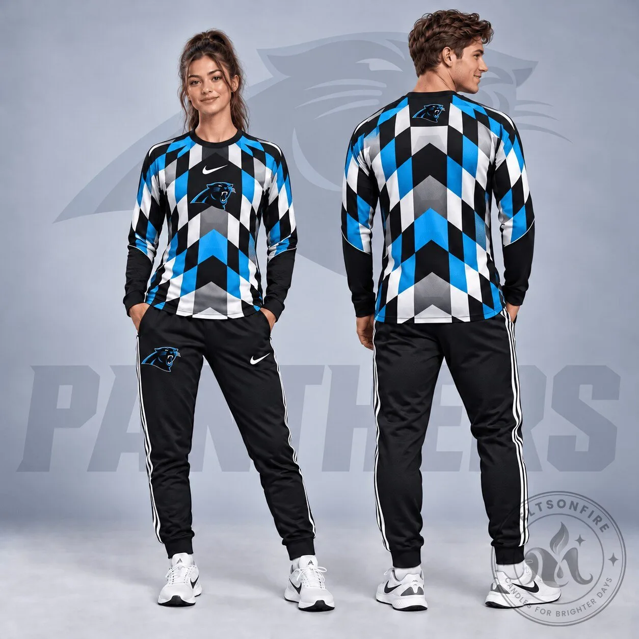 Carolina Panthers Diamond Chevron Geometric Print Long Sleeve Shirt