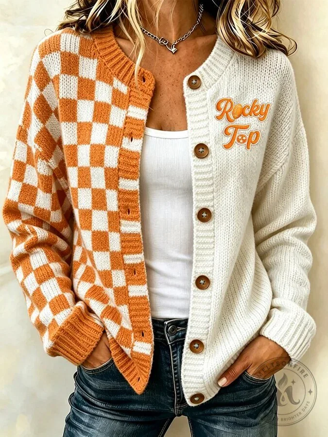 Rocky Top Checkered Pattern Knitted Cardigan Sweater