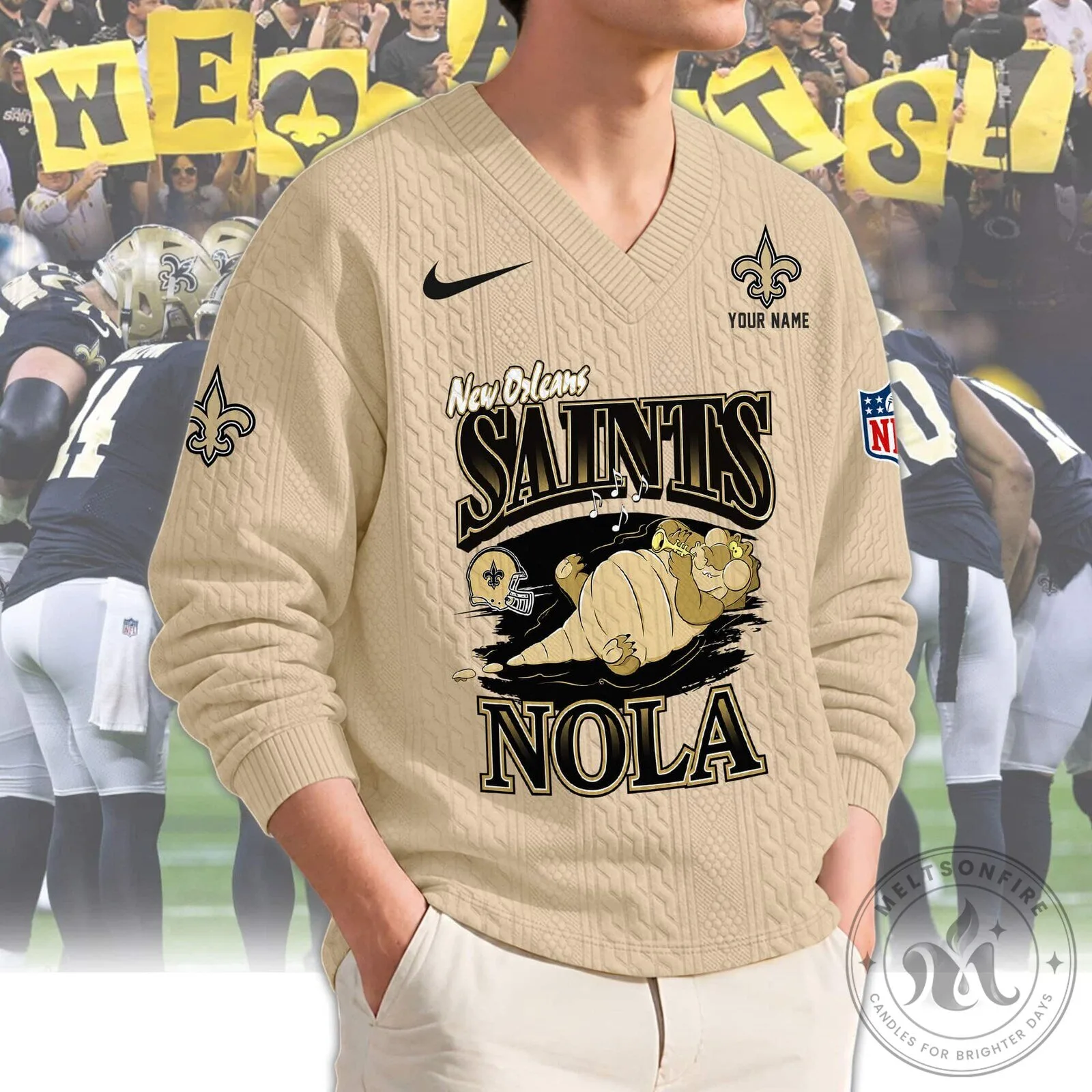 New Orleans Saints Football Team Logo Gold Knit Sweater 12 New Orleans Saints Football Team Logo Gold Knit Sweater