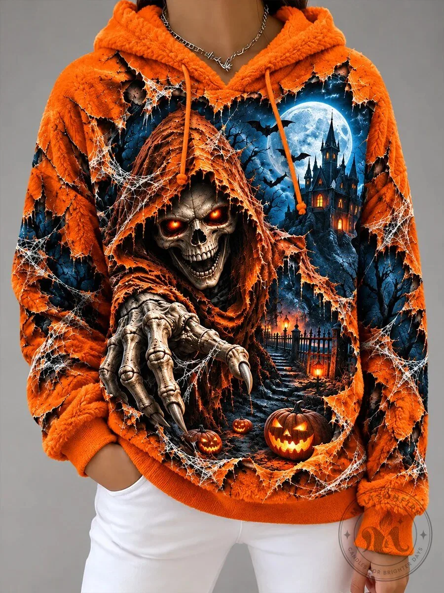 Spooky Skeleton Halloween Night Castle Full Moon Orange Fluffy Hoodie