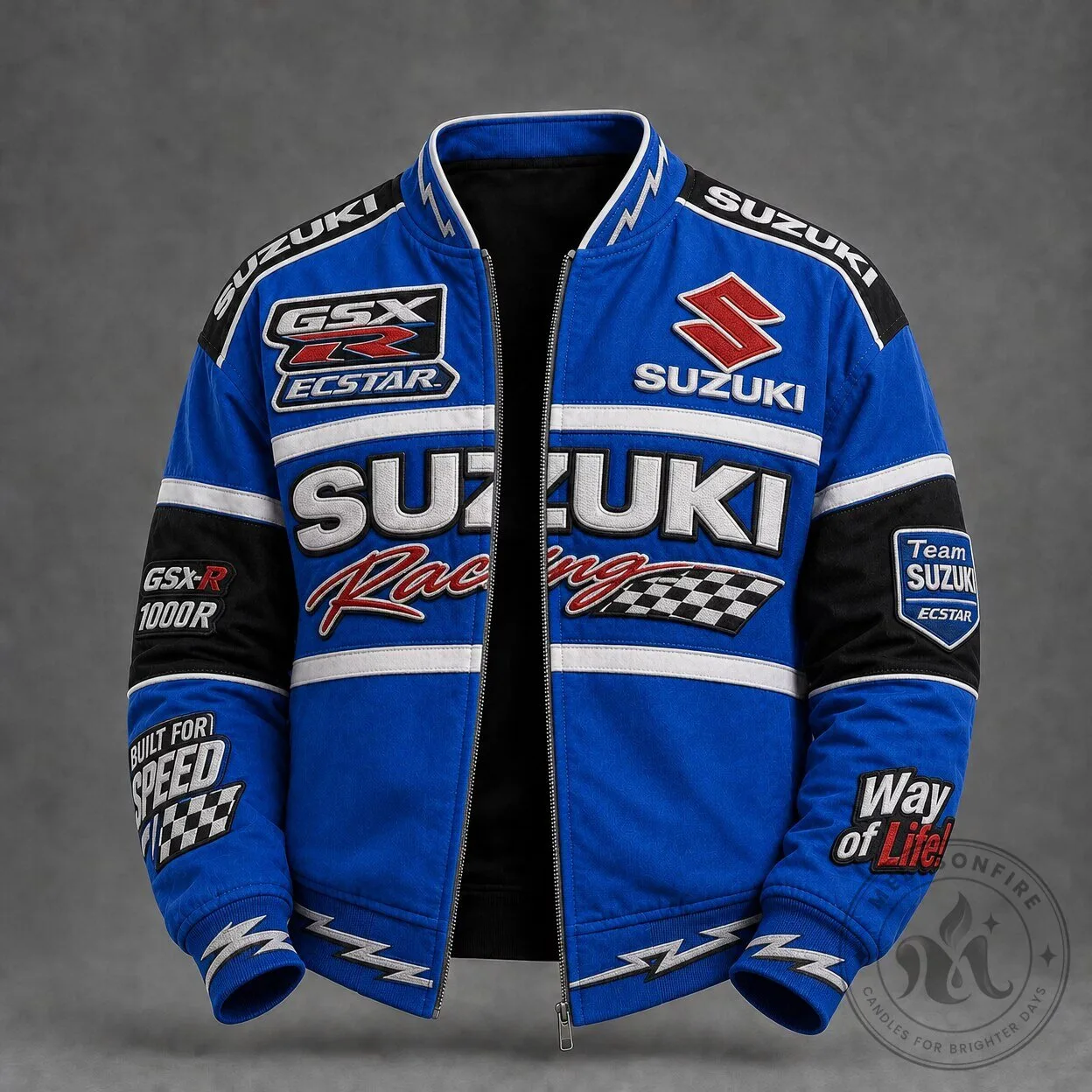 Men's Vintage Biker Coat - Suzuki Ecstar Racing Motorcycle Bomber Jacket in Streetwear Style