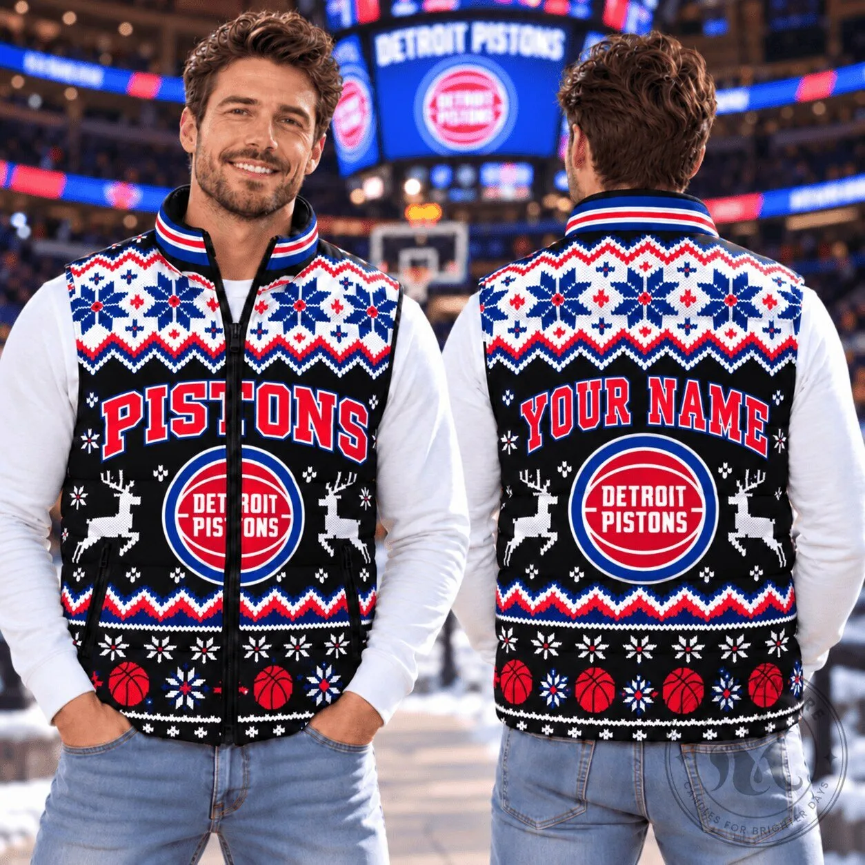 Detroit Pistons Ugly Christmas Sweater Style Personalized Puffer Vest