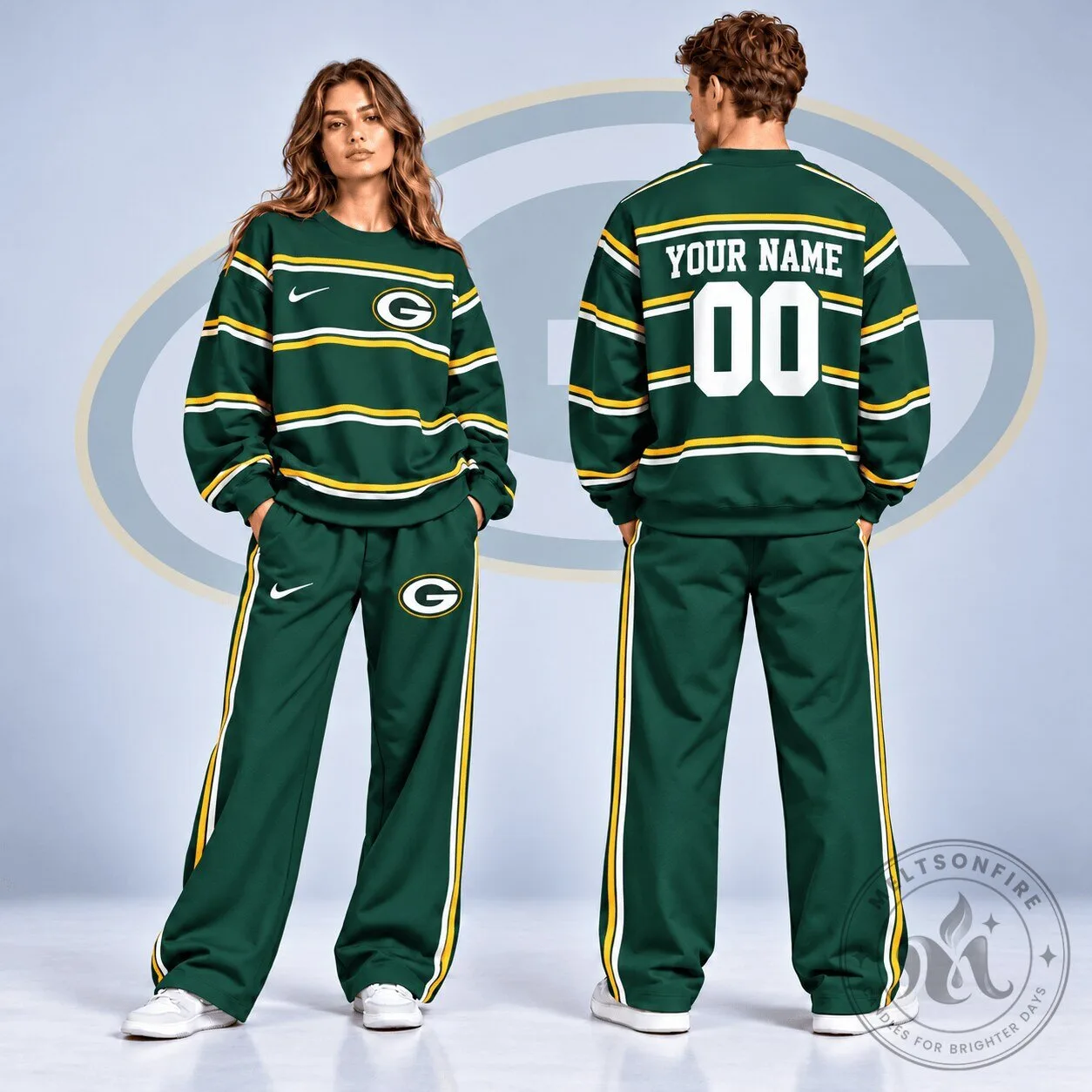 Green Bay Packers Personalized Crewneck Sweatshirt and Pants Set 3 Green Bay Packers Personalized Crewneck Sweatshirt and Pants Set