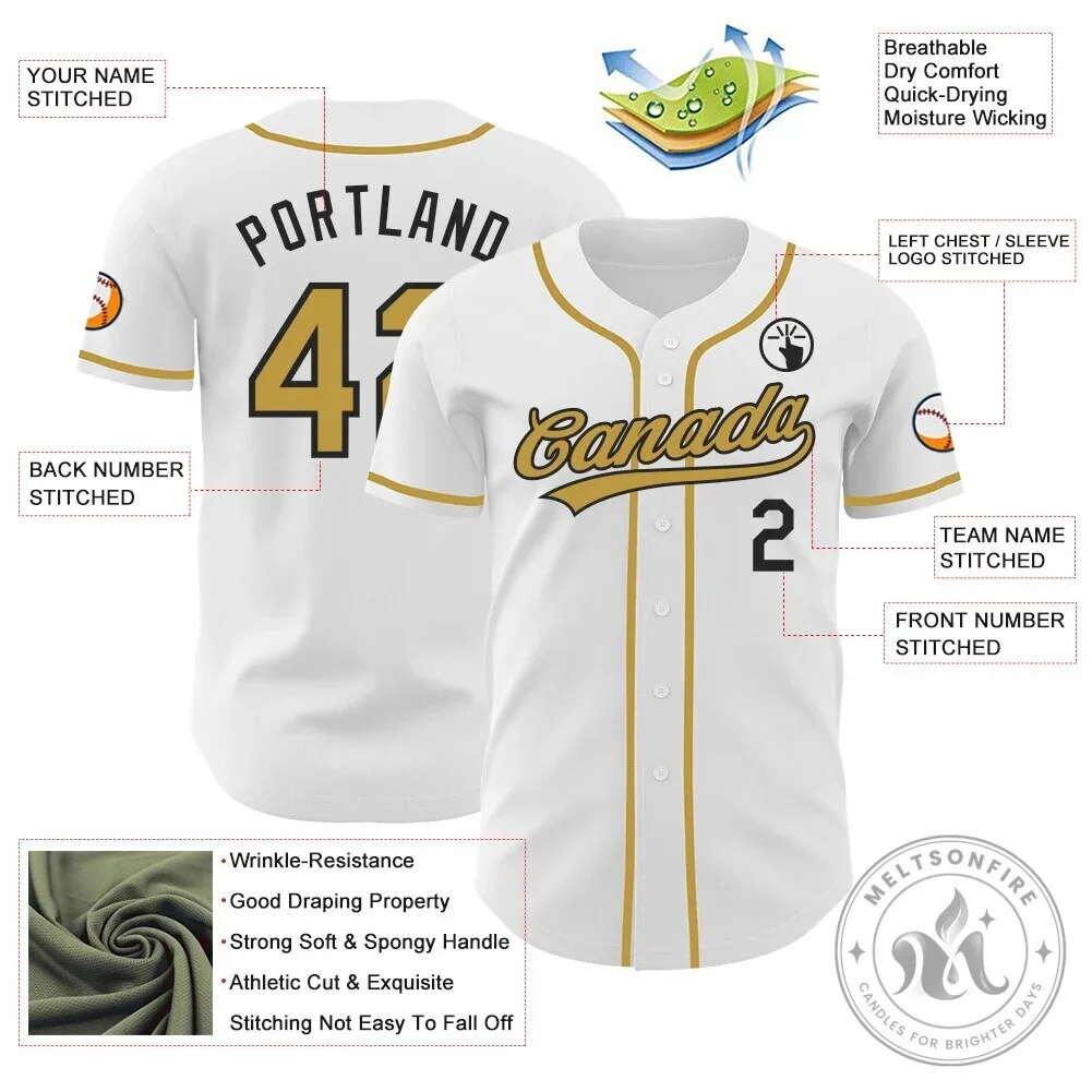 Custom White Old Gold Black Authentic Baseball Jersey with Your Name and Number 11 Custom White Old Gold Black Authentic Baseball Jersey with Your Name and Number