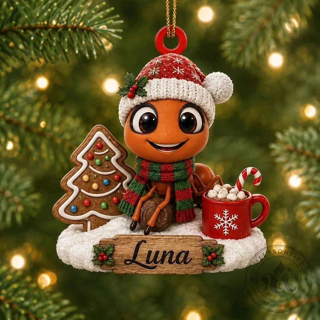 Personalized Christmas Ant with Santa Hat and Cocoa Ornament