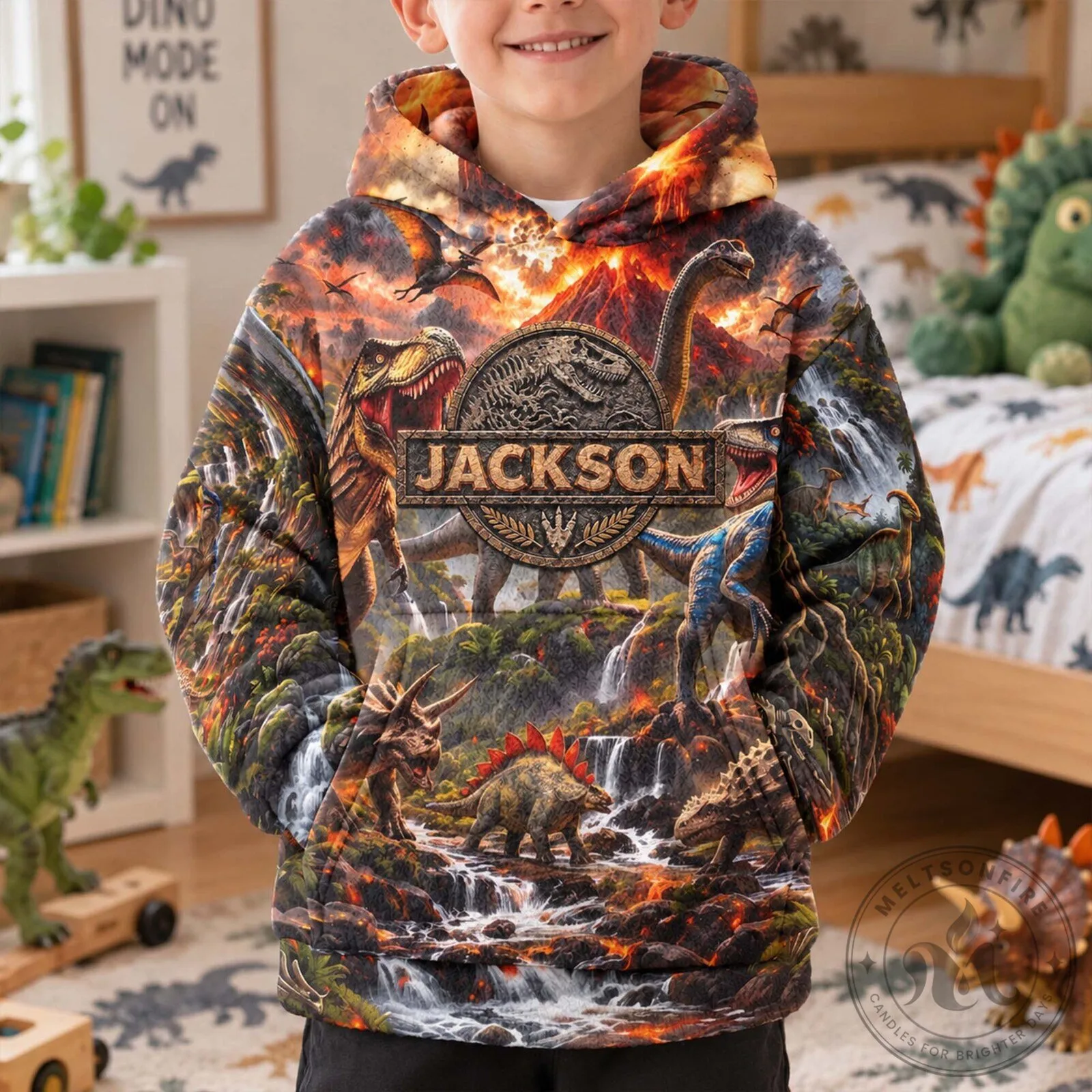 Personalized Jurassic Park Dinosaur Volcano Scene Kids Hoodie