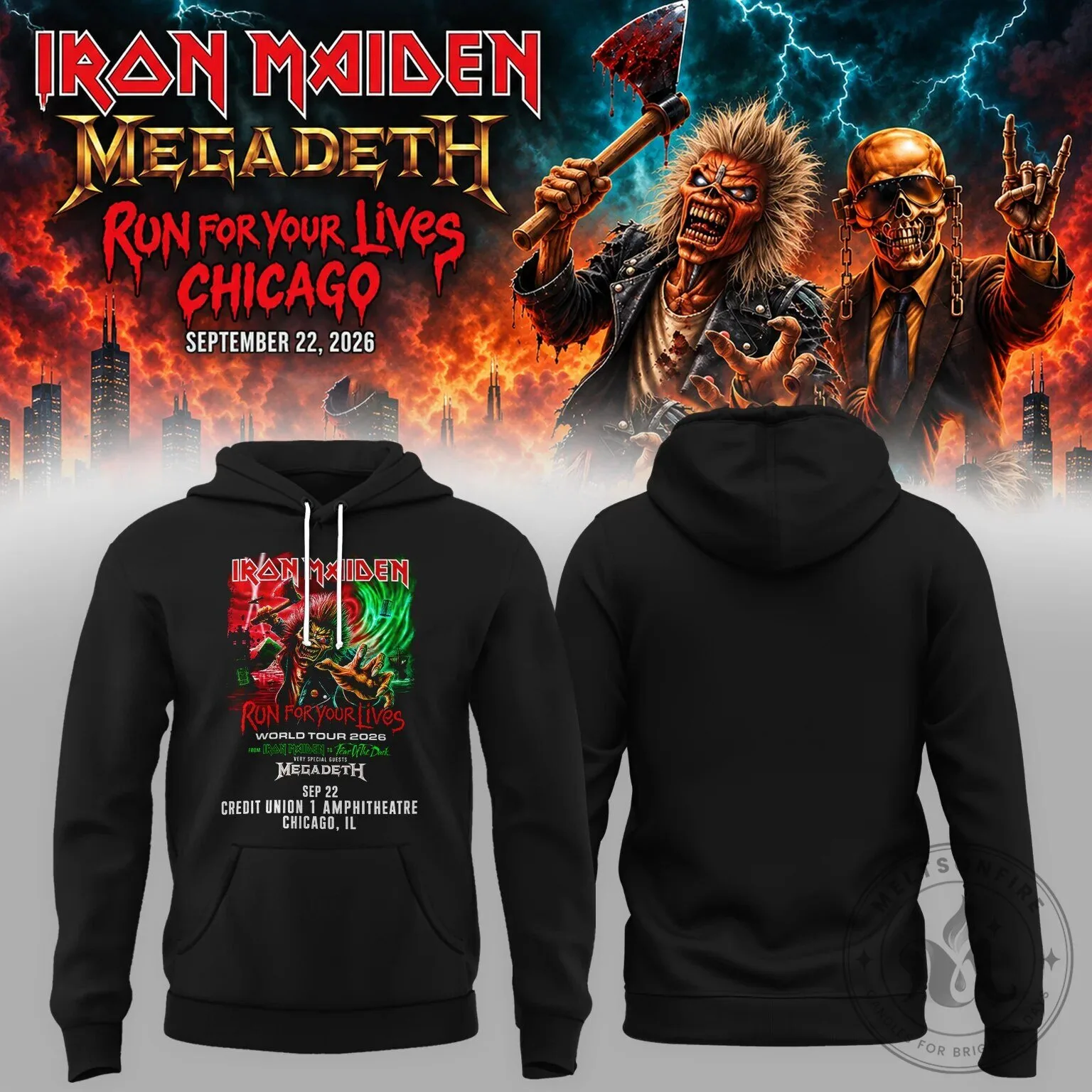 Chicago Hoodie for the 2026 Run For Your Lives World Tour featuring Iron Maiden and Megadeth