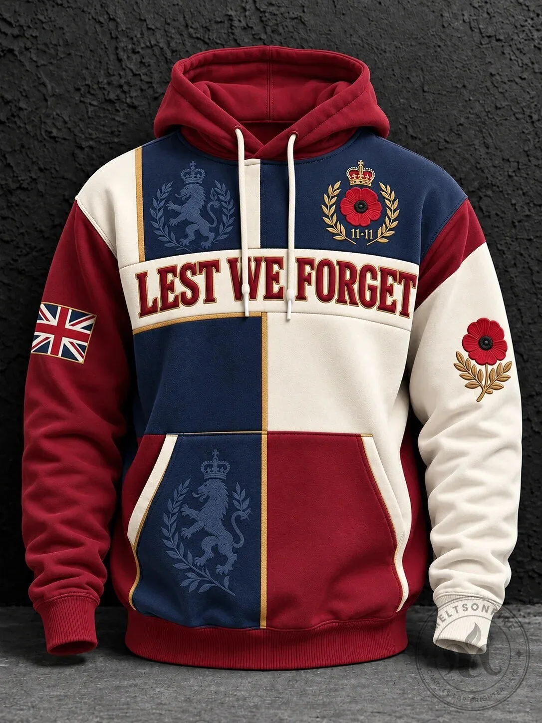 Hoodie Featuring United Kingdom Flag and Lest We Forget Poppy Flower for Remembrance Day