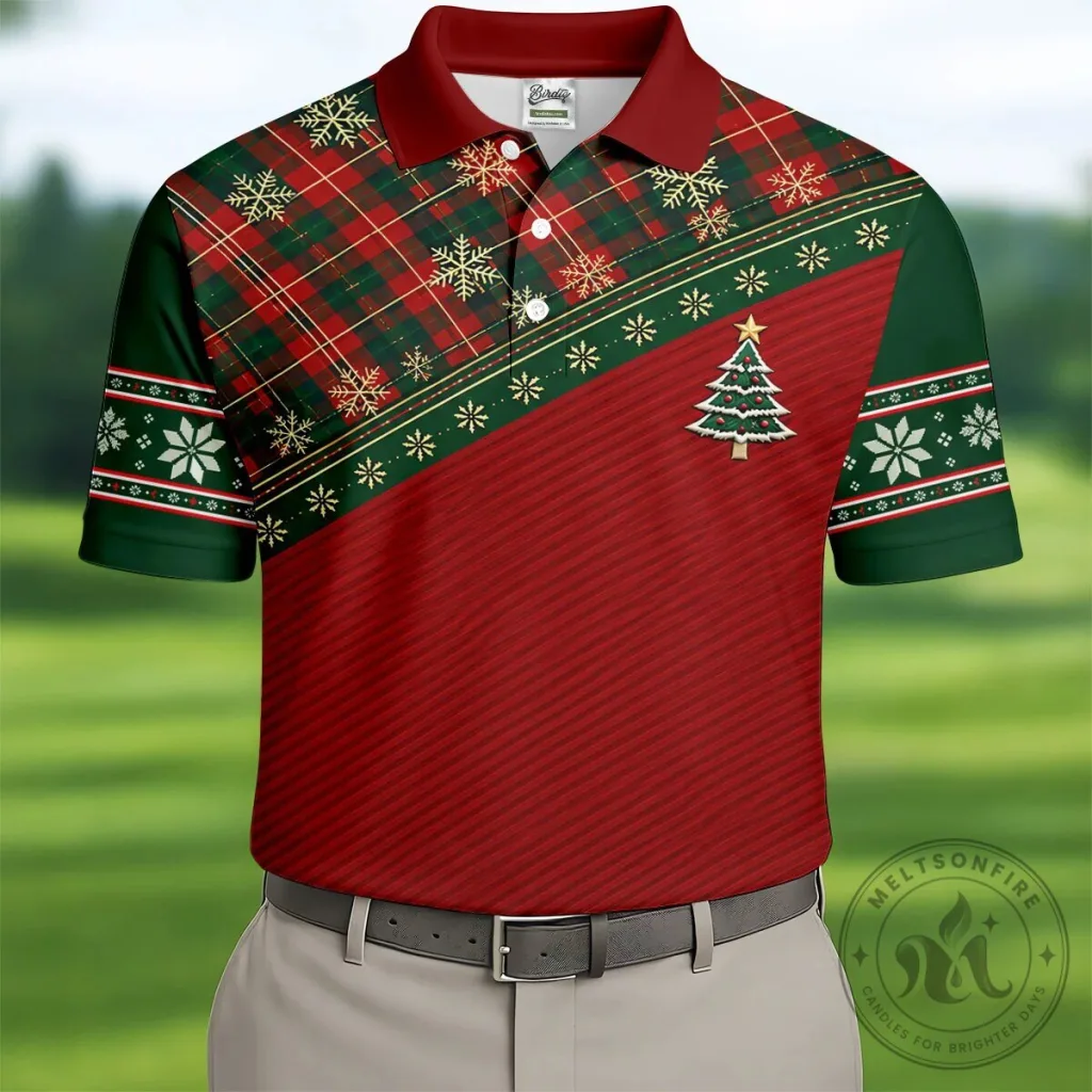 Christmas Plaid Snowflake Tree Pattern Holiday Golf Polo Shirt for Men Christmas Plaid Snowflake Tree Pattern Holiday Golf Polo Shirt for Men