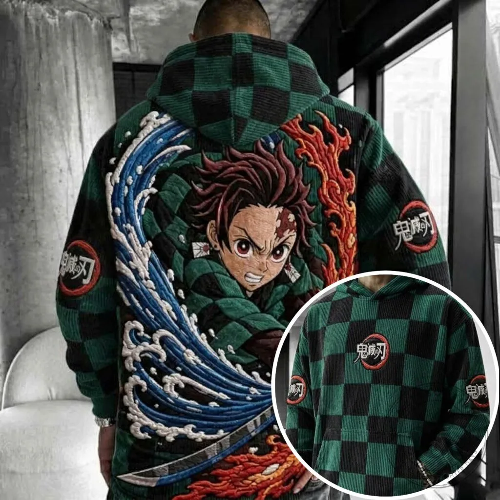 Tanjiro Kamado Anime Corduroy Hoodie with Embroidery from Demon Slayer
