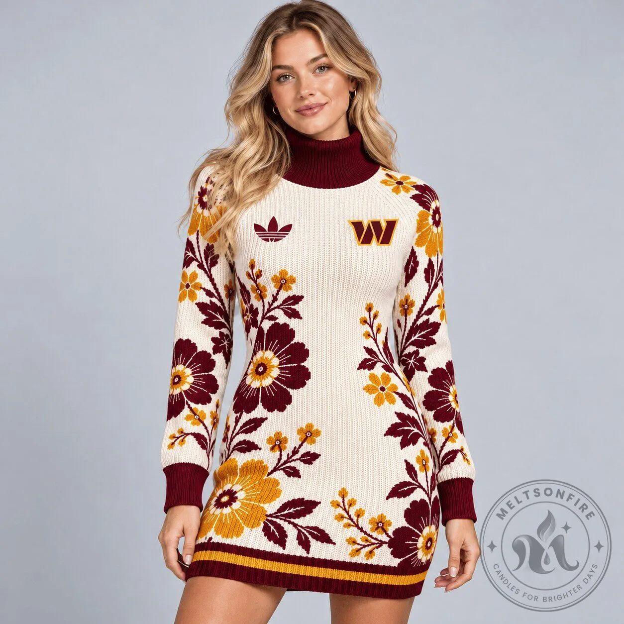 Washington Commanders Floral Pattern Knit Turtleneck Long Sleeve Sweater Dress
