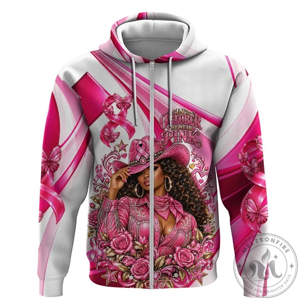 Western Wear Cowgirl Breast Cancer Awareness Pink Ribbon Zip Hoodie