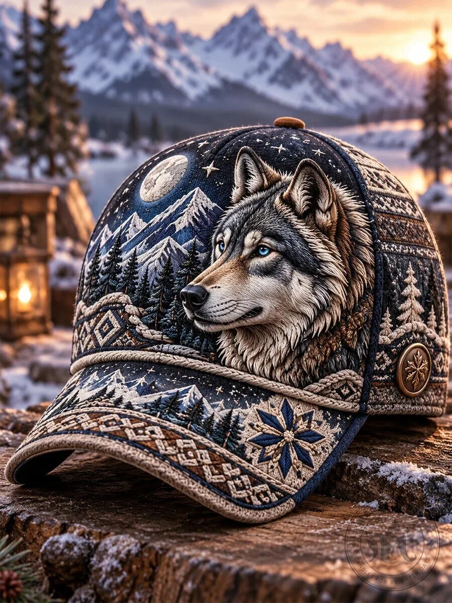 Wolf Mountain Night Sky Embroidered Baseball Cap Hat