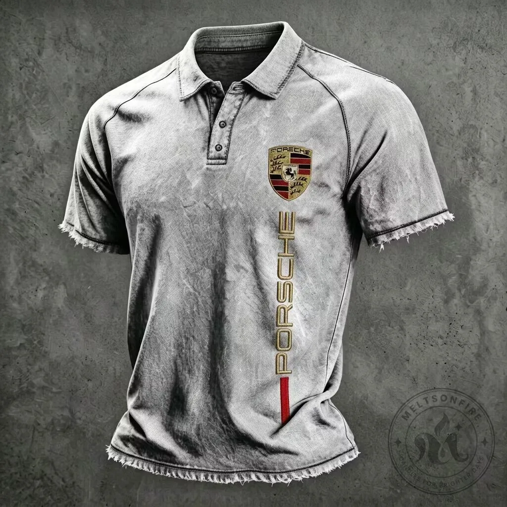 Porsche Distressed Grey Polo Shirt for Men, Classic Car Enthusiast Apparel