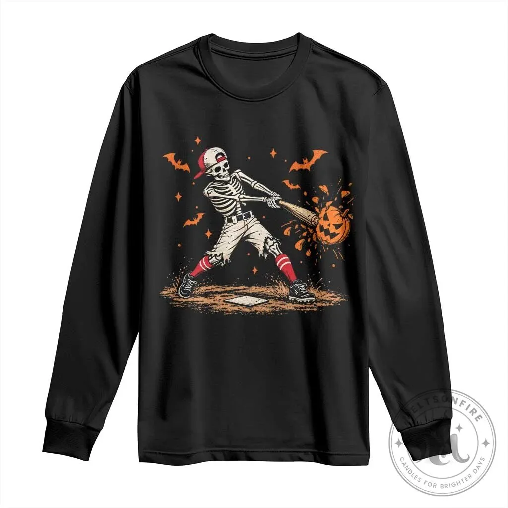 Halloween Skeleton Playing Baseball Long Sleeve Shirt Spooky Sport Lover