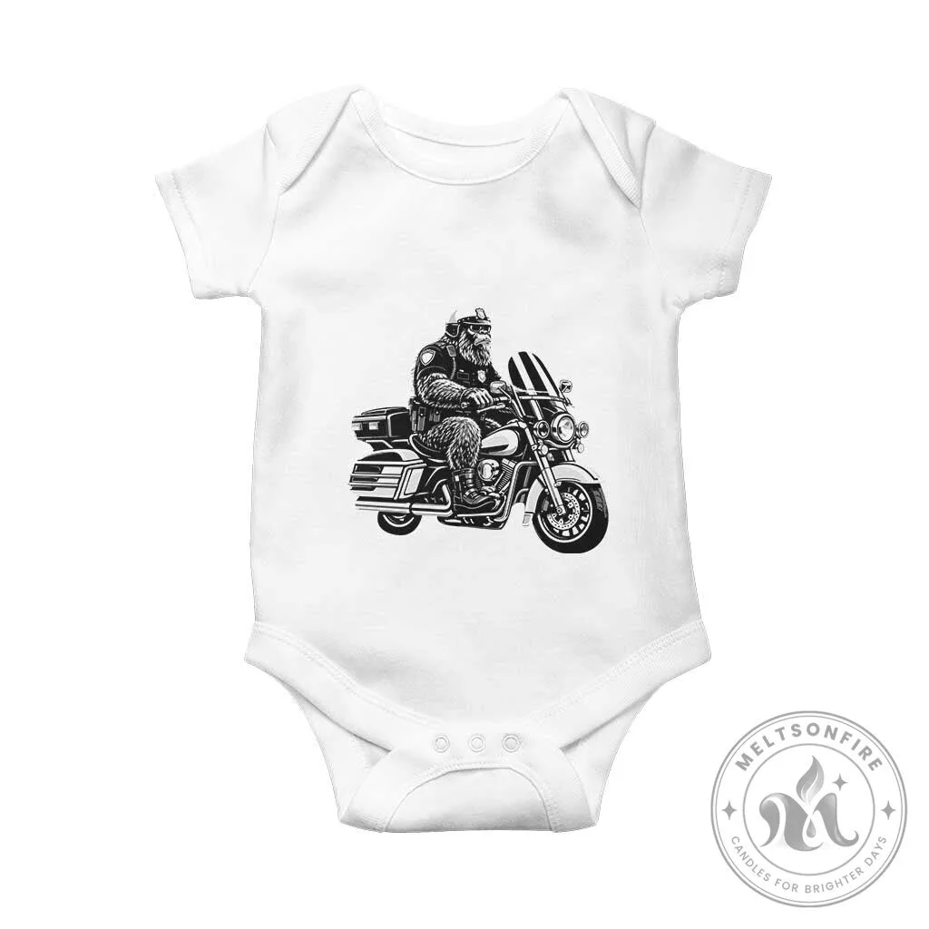 Funny Bigfoot Police Riding Motorcycle Patrol Biker Cryptid Baby Romper