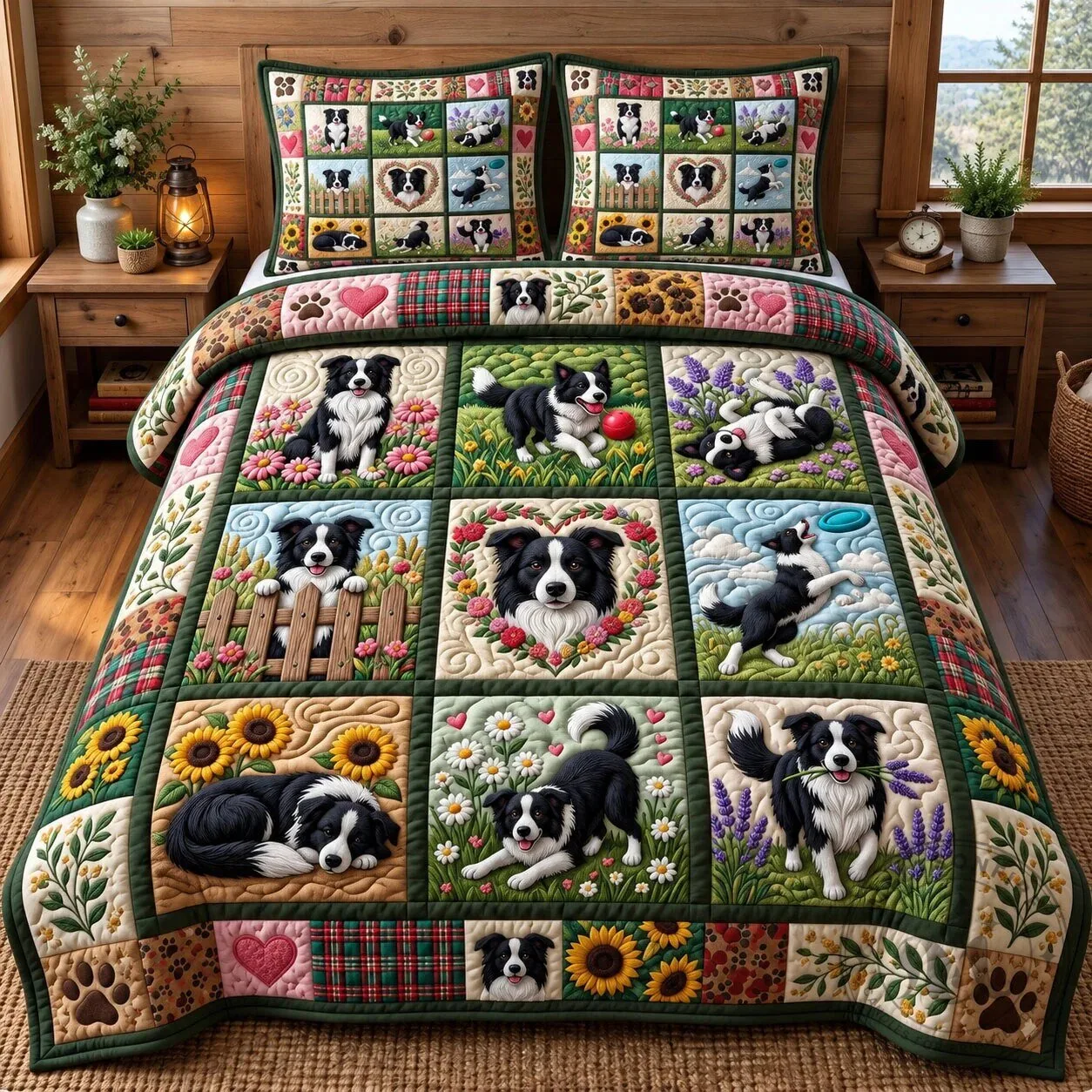 Quilted Bedding Set Featuring Border Collie Design with Pillow Shams