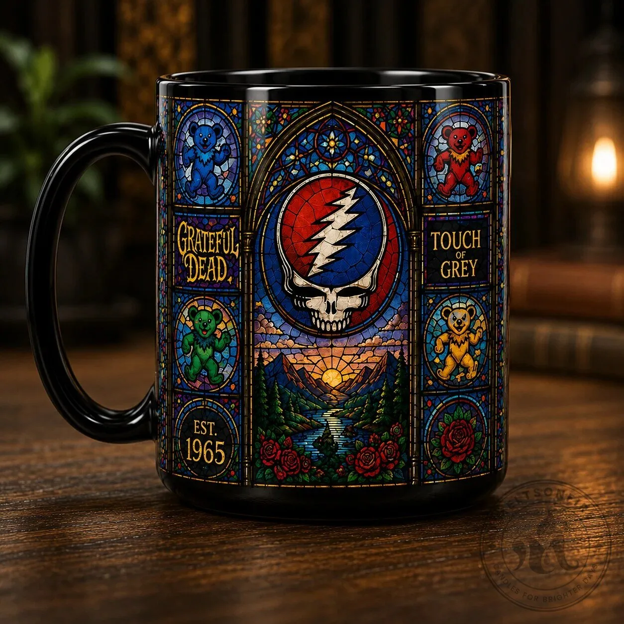 Grateful Dead Stained Glass Skull and Bears Sunset Black Coffee Mug