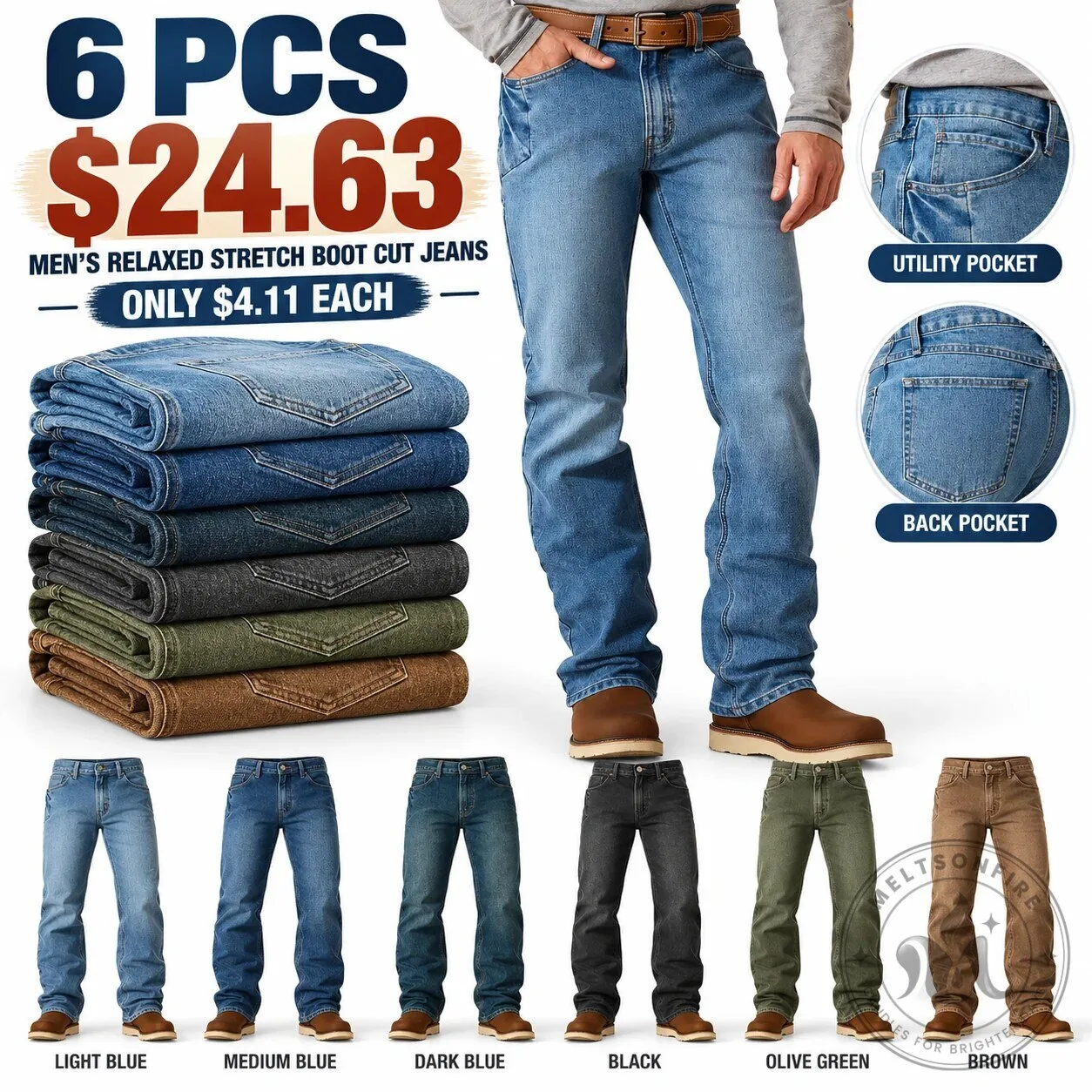 Men's Relaxed Fit Stretch Boot Cut Denim Jeans with Utility Pocket
