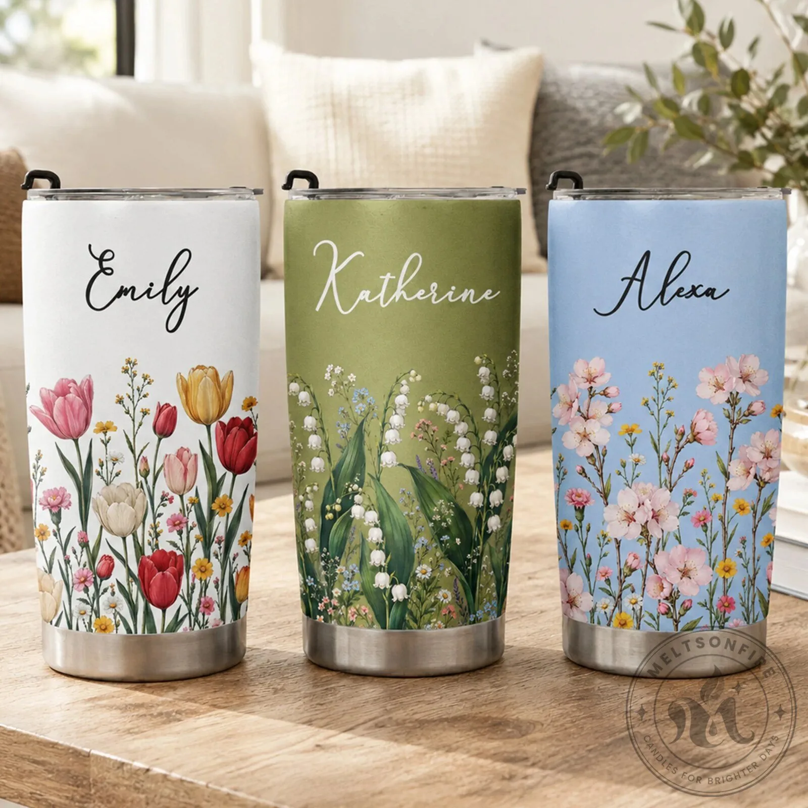 Personalized Birth Flower Tumbler with Name, Custom Floral Stainless Steel Cup