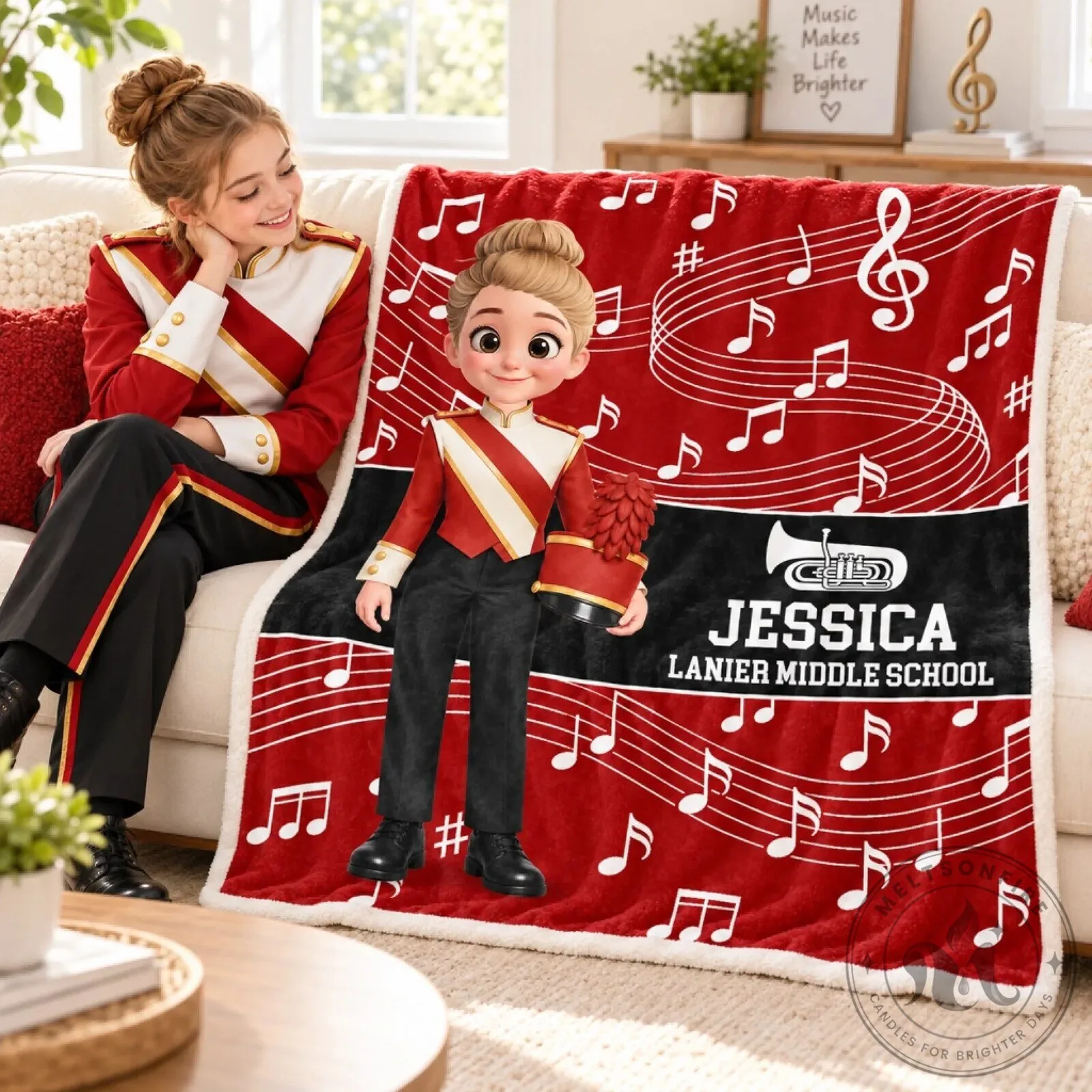Personalized Marching Band Girl with Name and School Music Notes Blanket