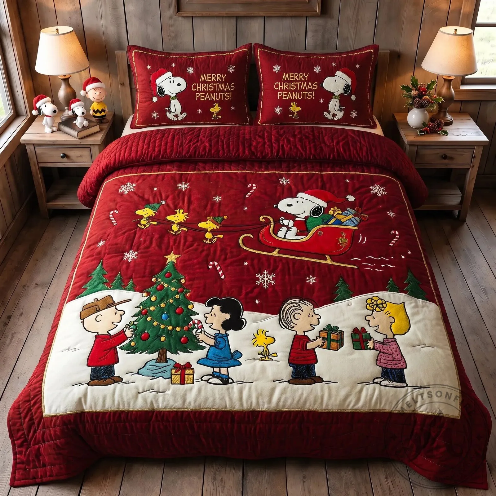 Snoopy And Peanuts Gang Merry Christmas Holiday Quilted Bedding Set