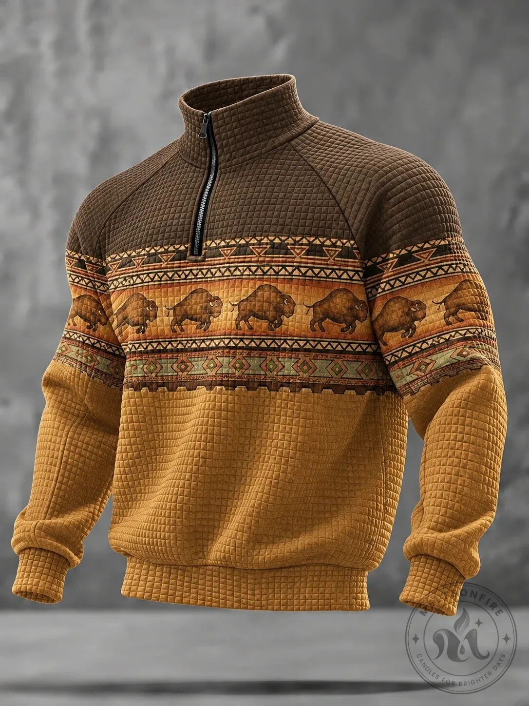 Western Bison Pattern Brown and Gold Quilted Half-Zip Sweatshirt 5 Western Bison Pattern Brown and Gold Quilted Half-Zip Sweatshirt