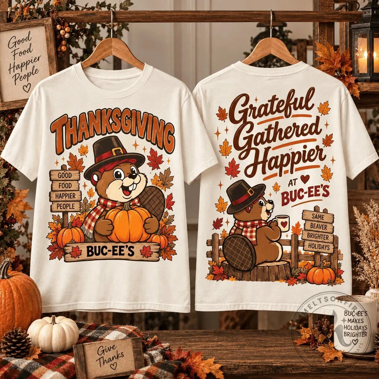 Buc-ee's Thanksgiving Grateful Gathered Happier Beaver Fall Leaves T-Shirt