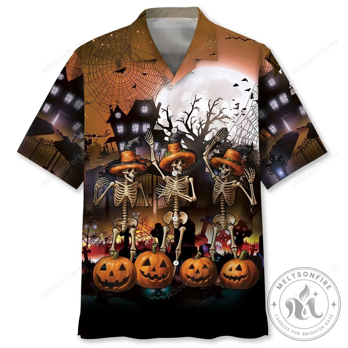 Halloween Dancing Skeletons and Pumpkins Spooky Haunted House Hawaiian Shirt