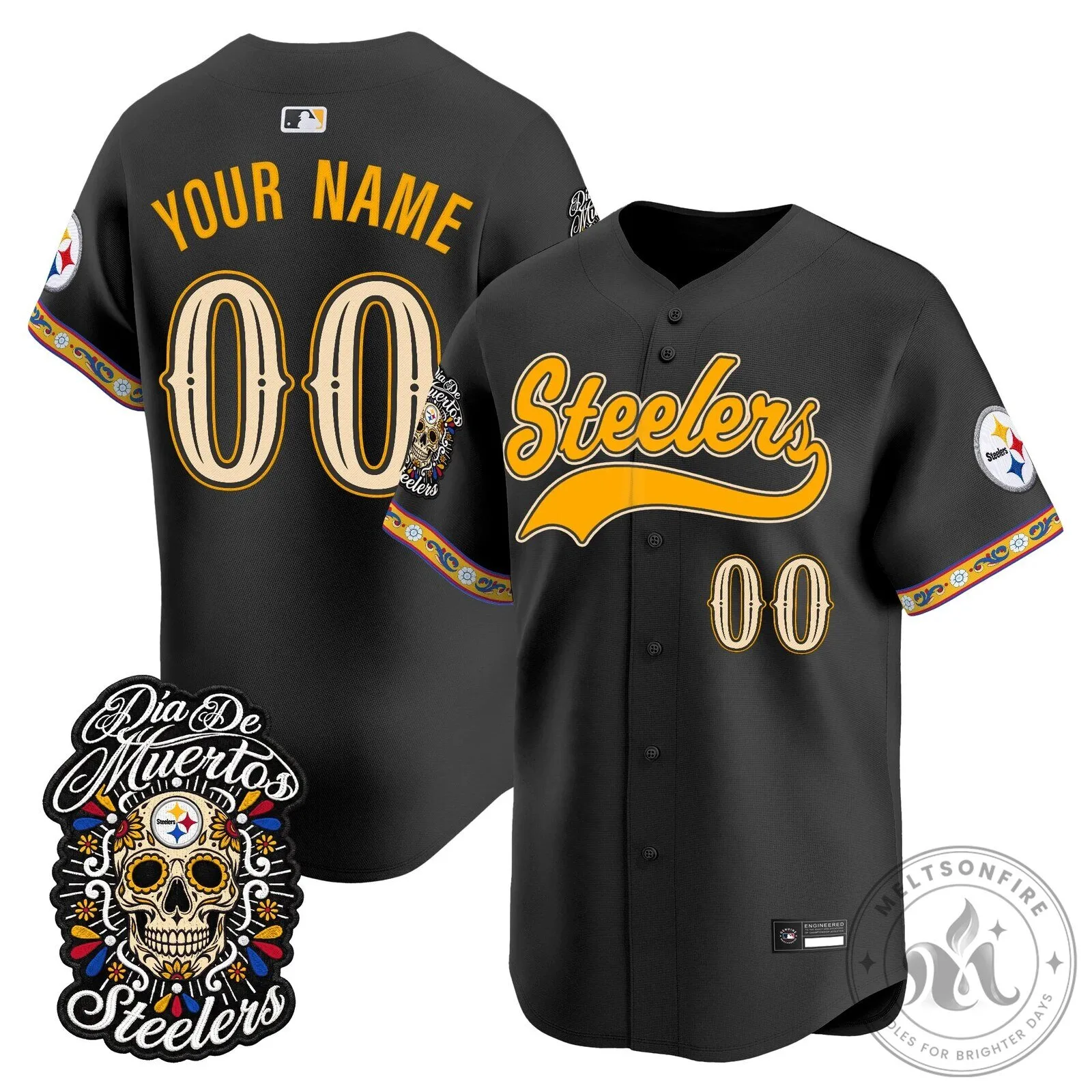 Pittsburgh Steelers Day of the Dead Custom Black Baseball Jersey