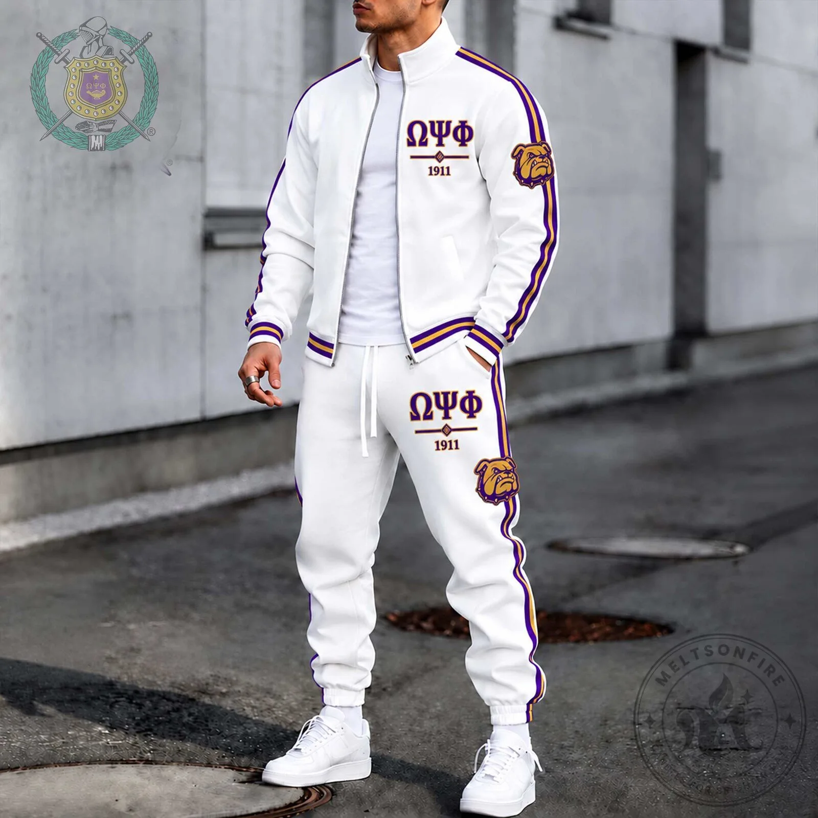 White Tracksuit Set featuring Bulldog Logo for Omega Psi Phi Fraternity