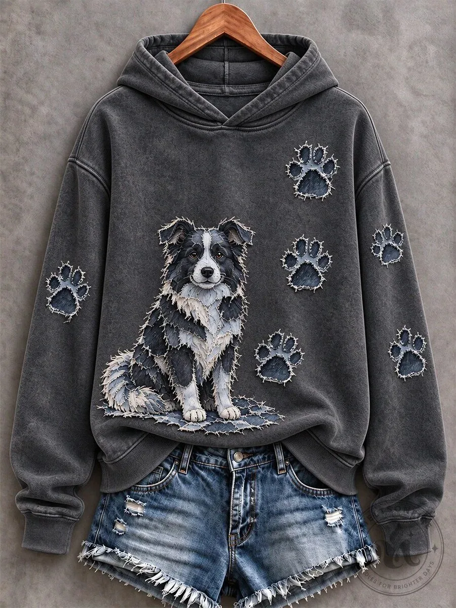 Border Collie Dog and Paw Prints Patchwork Design Women's Hoodie