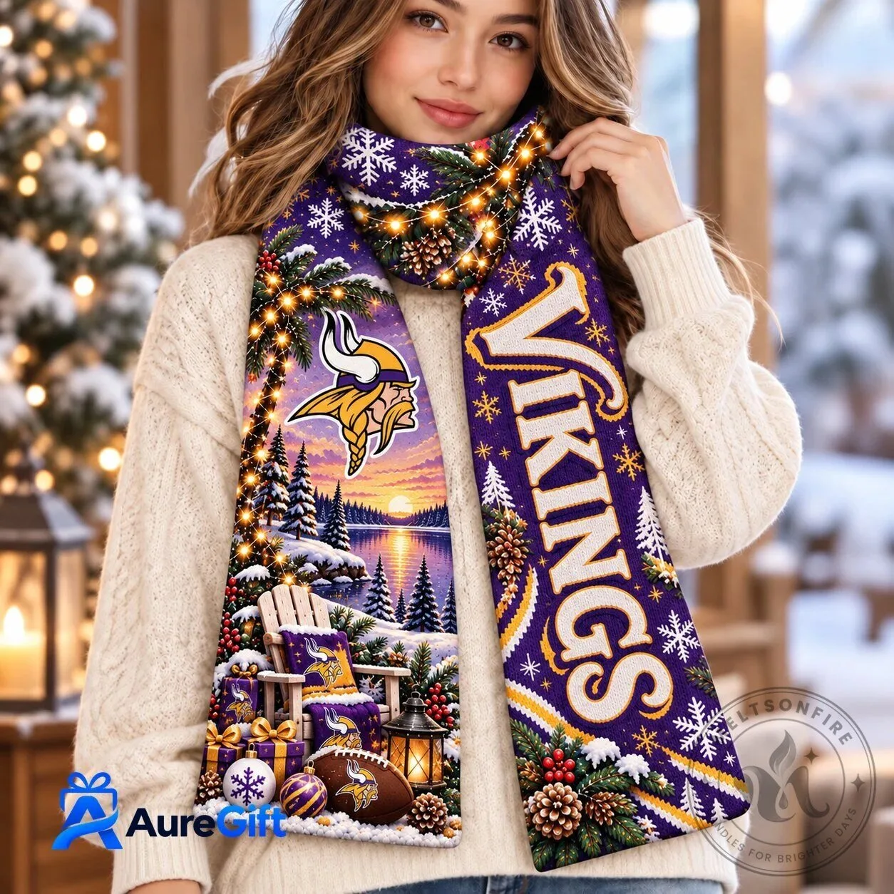 Minnesota Vikings NFL Football Team Winter Snowflakes Personalized Scarf
