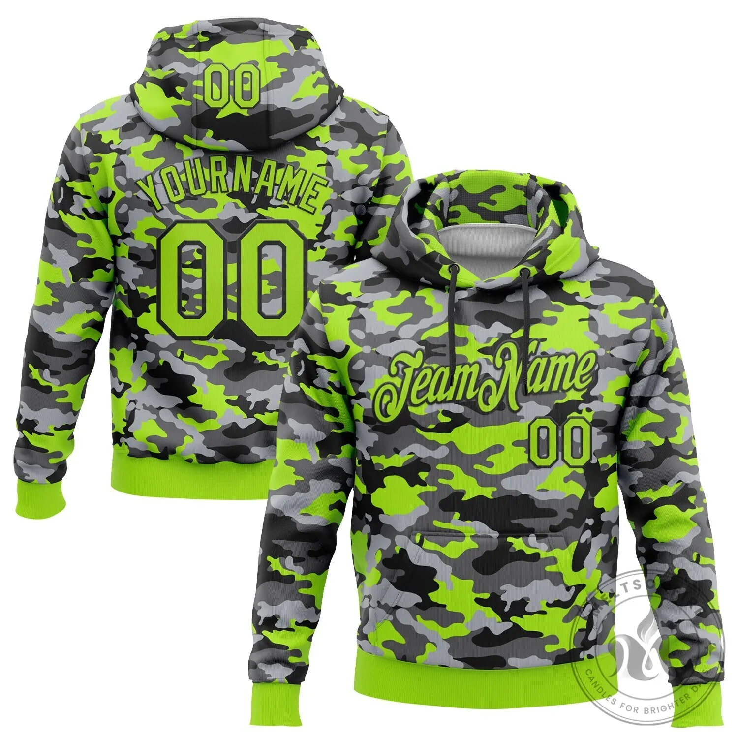 Custom Camouflage Neon Green and Black Personalized Team Name Hoodie