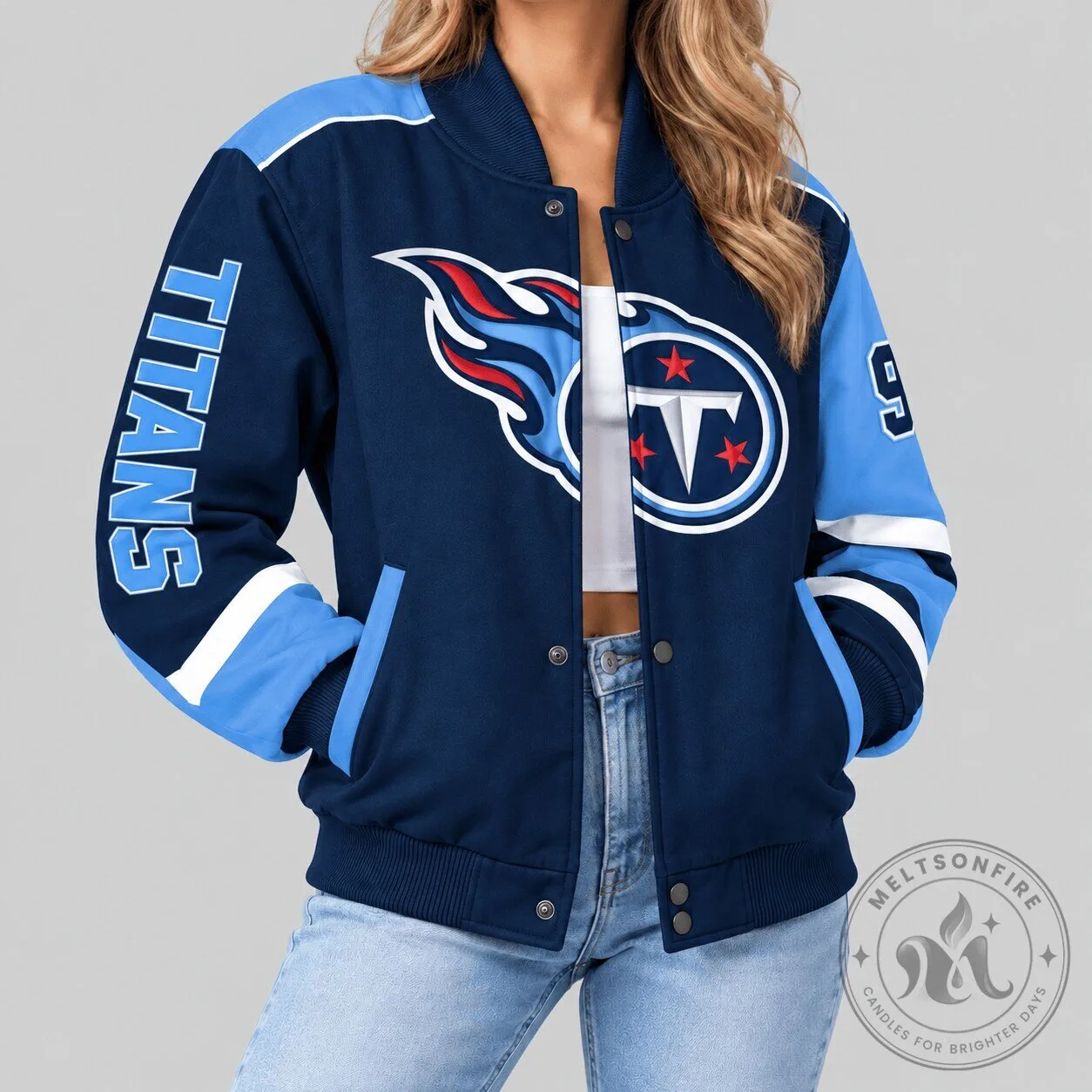 Tennessee Titans NFL Team Logo Navy Blue and Light Blue Bomber Jacket
